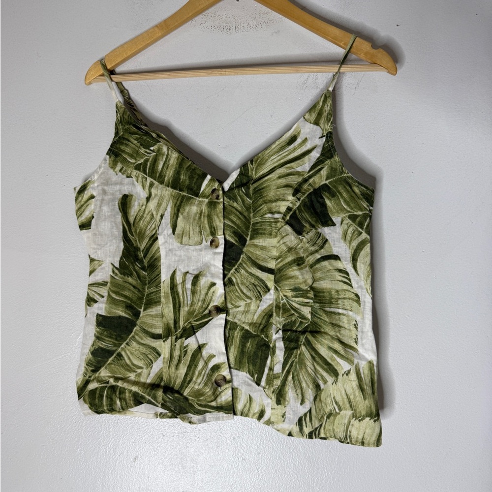 H&M 100% Linen sleeveless tropical blouse Green leaves buttons V-neck Small - Picture 1 of 6
